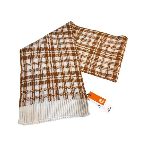 Timberland Buffalo Plaid Knit Scarf Tan & Off White 10" x 60" Unisex Classic - Picture 3 of 9